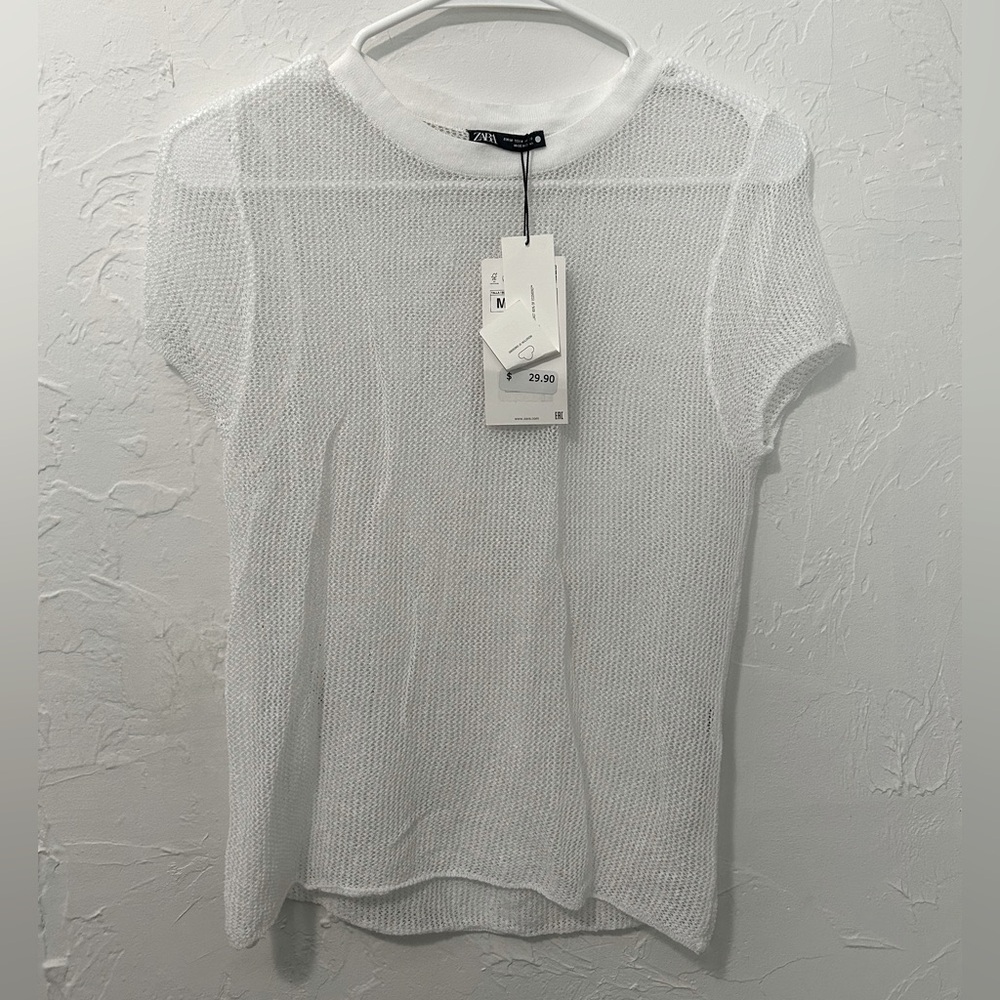 NWT Zara Fishnet Mesh Short Sleeve Top